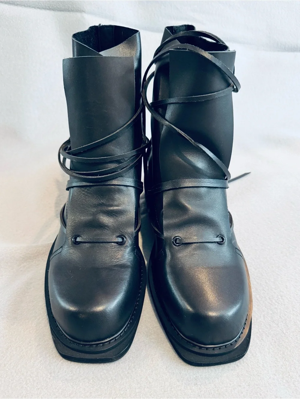 Black Leather Lace-Wrap Ankle Boot